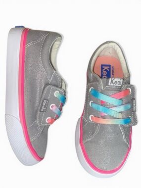 Keds Kids Grey Canvas Sneakers with Multicolor Rainbow Laces Sz9